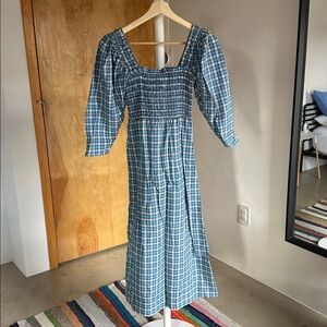Ganni Seersucker Blue Check Cotton Blend Shirred Midi Dress